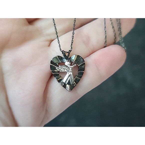 925 Sterling Silver Open Heart Angel Pendant Necklace Vintage - Picture 1 of 10